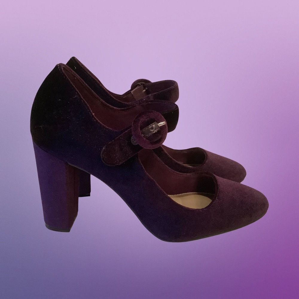 Christian Soriano Purple Velveteen Heels Mary Jane Chunky Block Pumps Sz 6.5 - Picture 3 of 8
